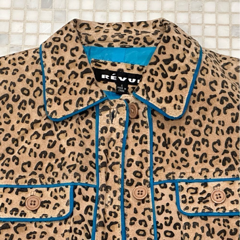 Revue Leather Brown Animal Print with Turquoise Trim Jacket - Picture 2 of 10